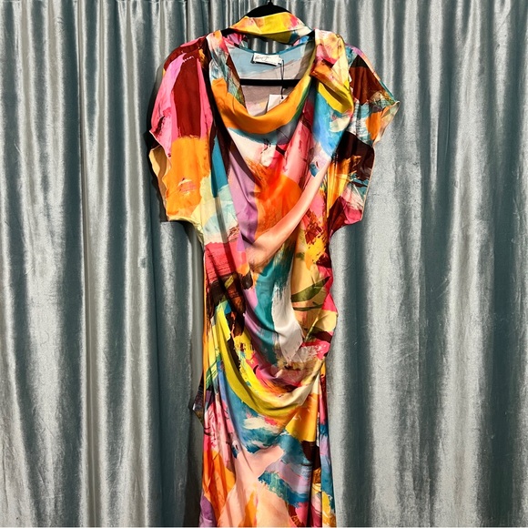 Kevan Jon Dresses & Skirts - Abstract Watercolor Cowl-Neck Midi Dress - Multicolor